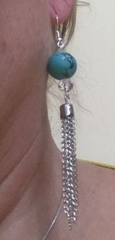 Torquoise beads, crystal and silver chain tassel earrings 